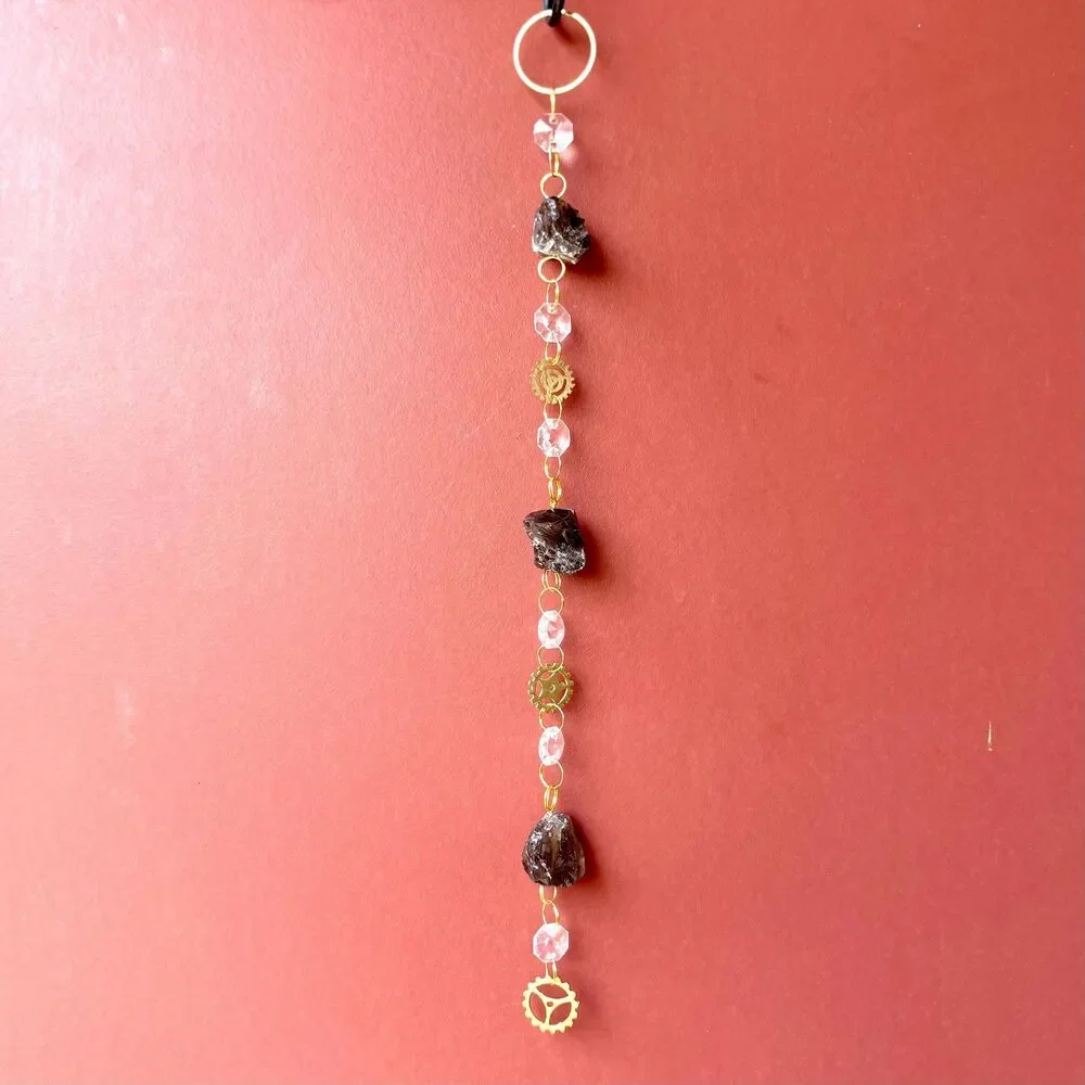 Raw Smoky Quartz Hanging | Steampunk Gear Charm | Grounding Stone Stress Relief